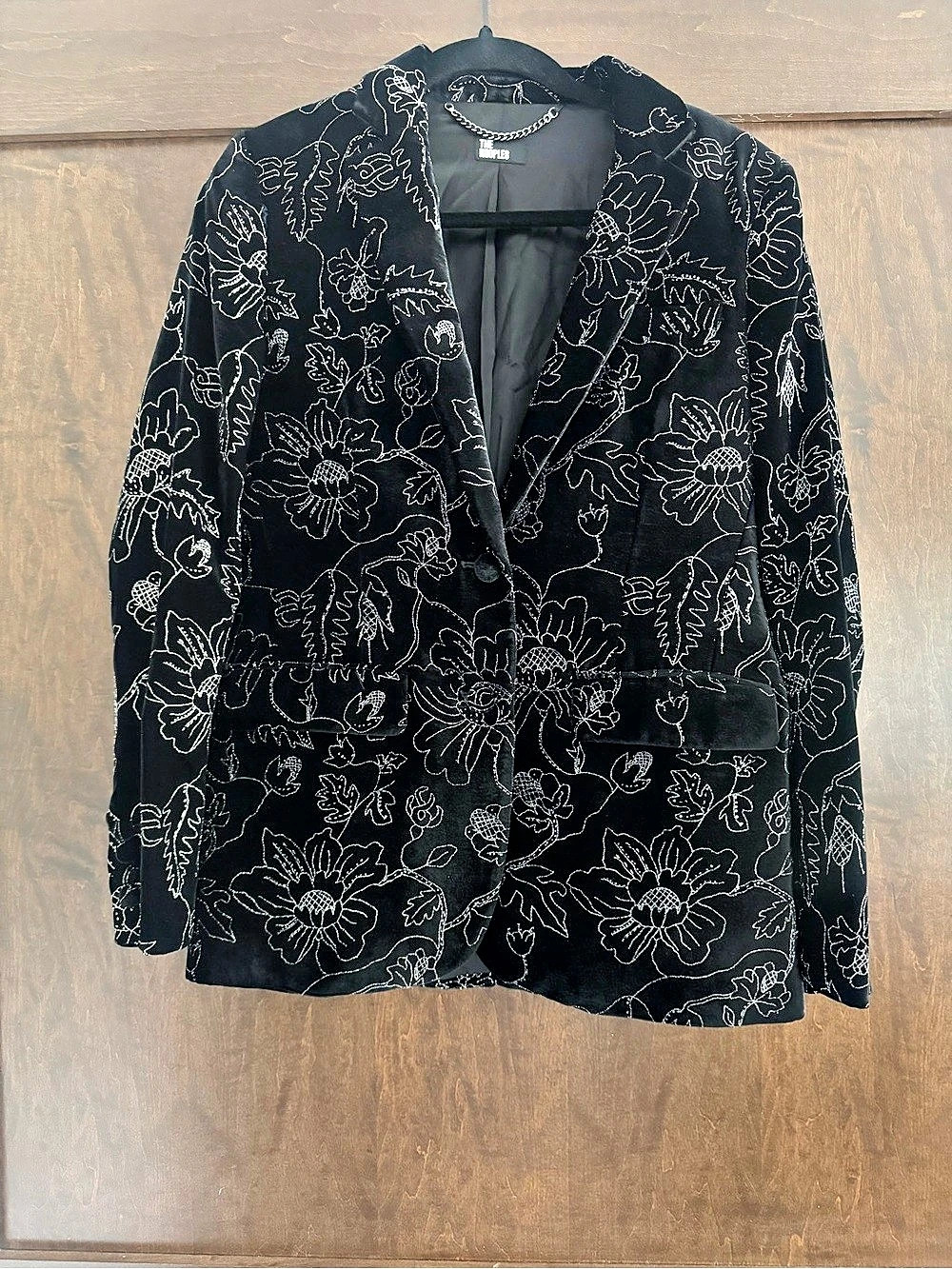 The Kooples Glitter Floral Velvet Blazer Black Silver NWT